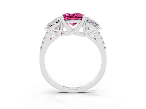 White gold Three-Stone Princess Cut Pink Sapphire Ring with Round  Pavé Band and Prong Setting_69