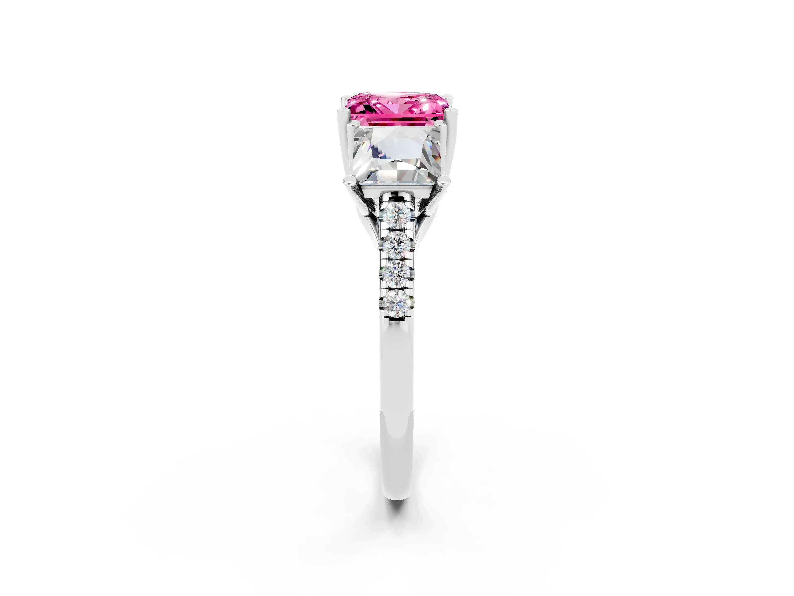 White gold Three-Stone Princess Cut Pink Sapphire Ring with Round  Pavé Band and Prong Setting_70