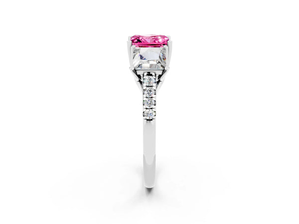 Silver Three-Stone Princess Cut Pink Sapphire Ring with Round  Pavé Band and Prong Setting