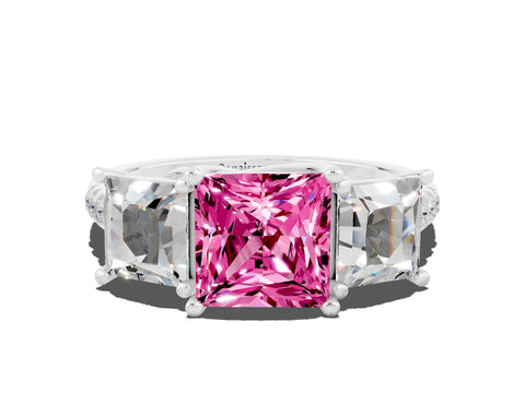 White gold Three-Stone Princess Cut Pink Sapphire Ring with Round  Pavé Band and Prong Setting_72