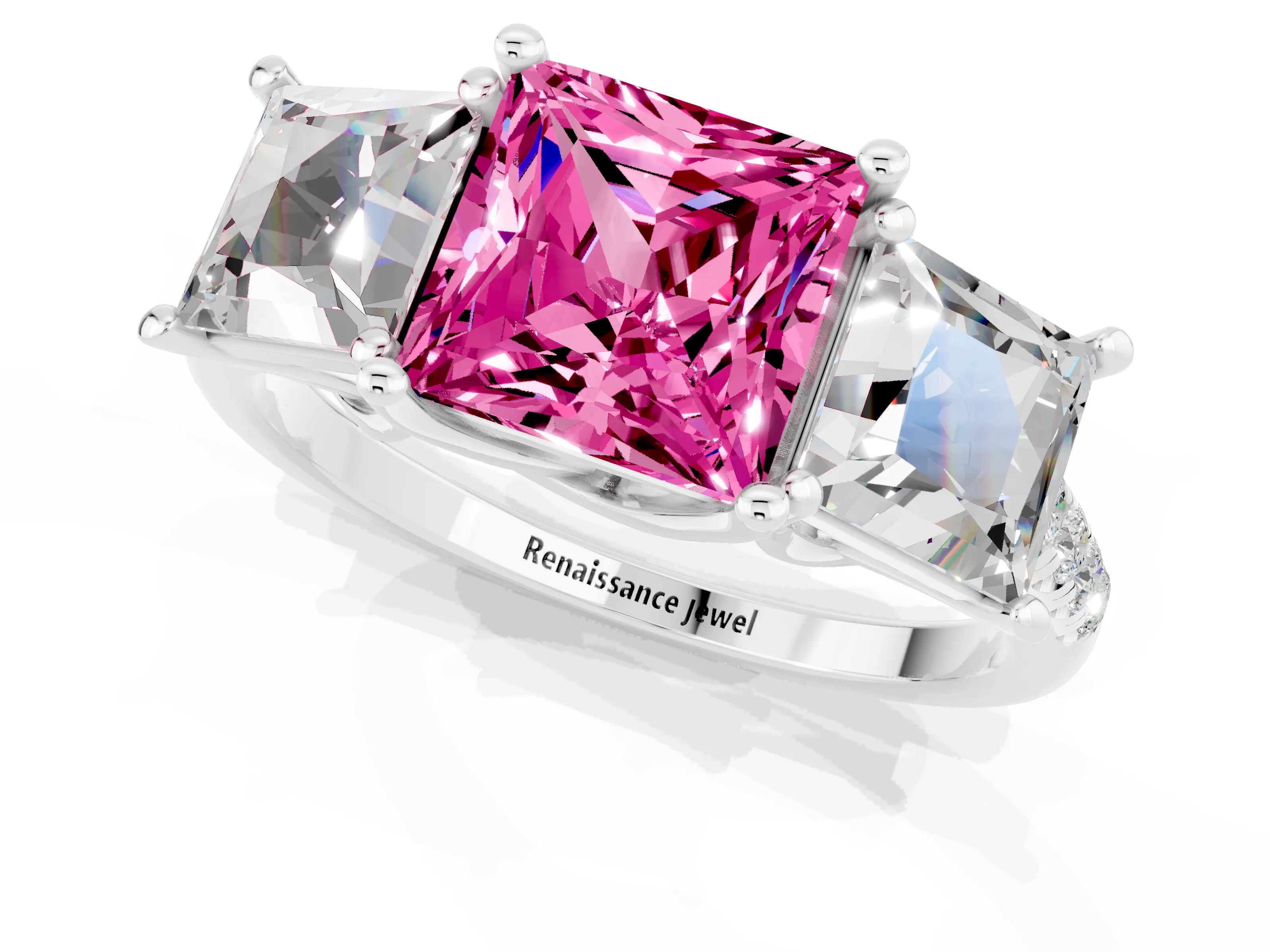 White gold Three-Stone Princess Cut Pink Sapphire Ring with Round  Pavé Band and Prong Setting_73