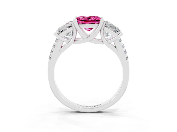 Platinum Three-Stone Princess Cut Pink Sapphire Ring with Round  Pavé Band and Prong Setting