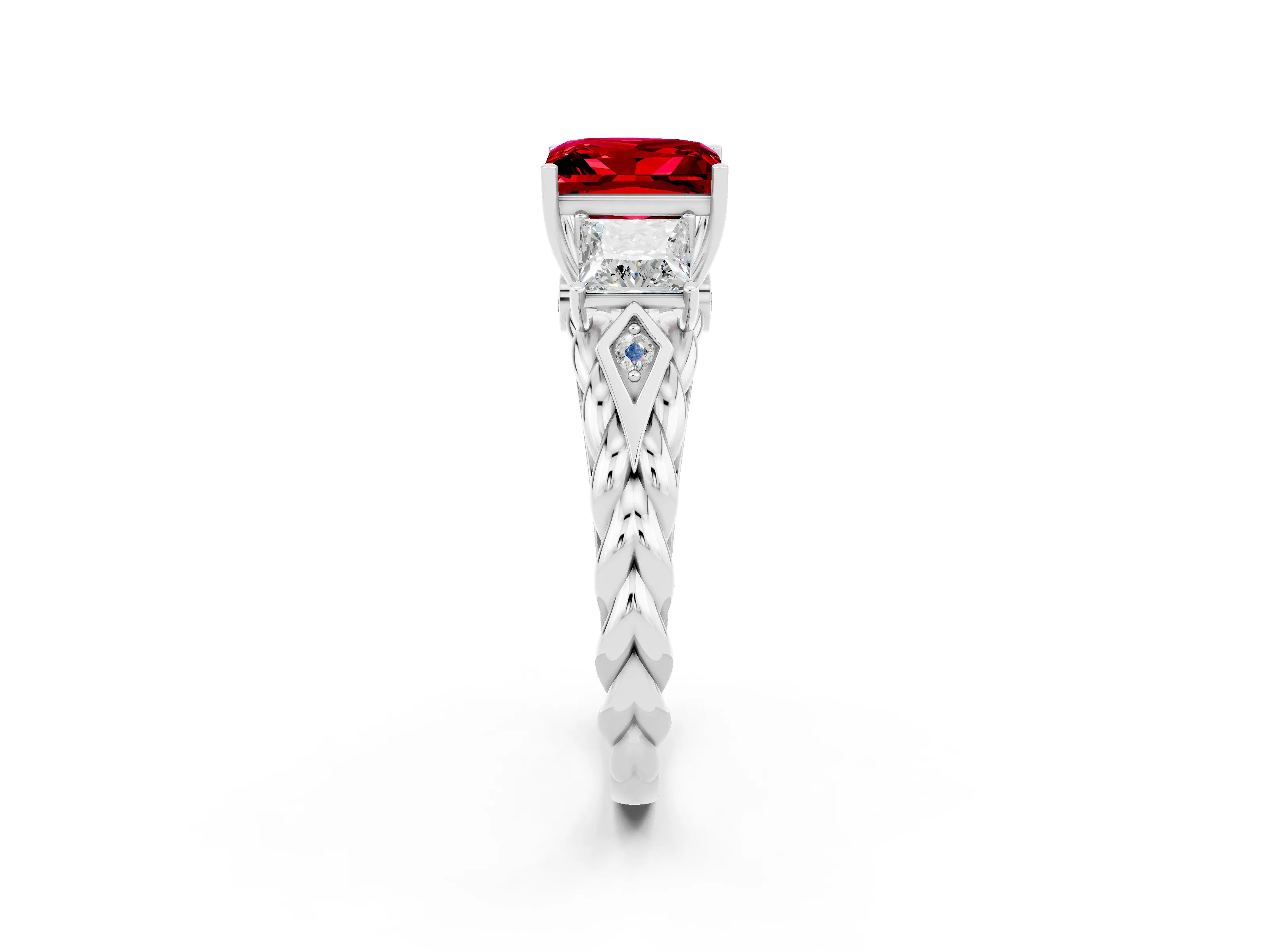 White gold Three-Stone Princess Cut Ruby Braided Band Ring with Four-Prong Setting_32