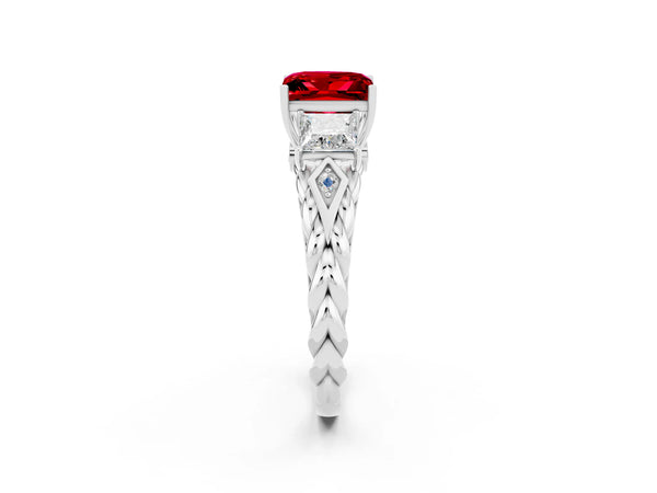 Silver Three-Stone Princess Cut Ruby Braided Band Ring with Four-Prong Setting