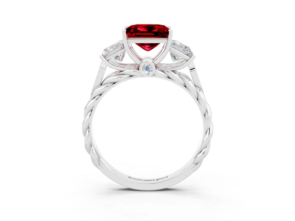Silver Three-Stone Princess Cut Ruby Braided Band Ring with Four-Prong Setting