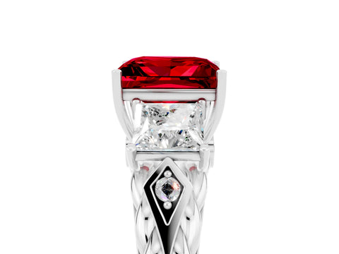 White gold Three-Stone Princess Cut Ruby Braided Band Ring with Four-Prong Setting_35