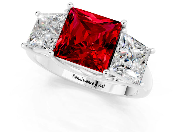 Platinum Three-Stone Princess Cut Ruby Engagement Ring with Prong Setting