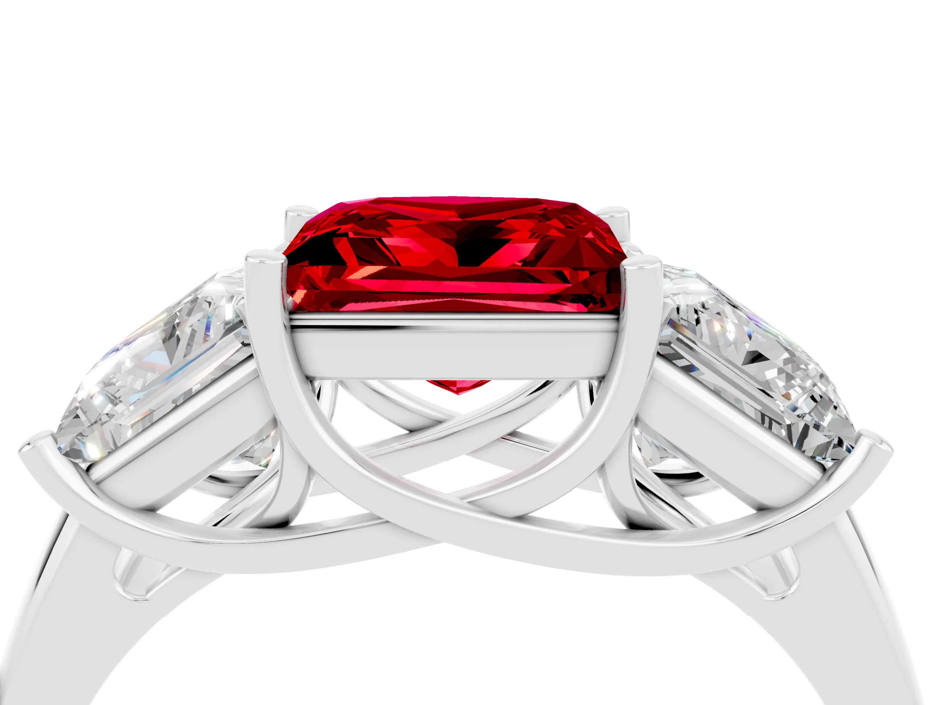 White gold Three-Stone Princess Cut Ruby Engagement Ring with Prong Setting_4