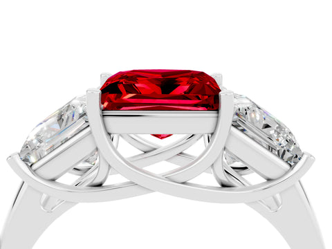 White gold Three-Stone Princess Cut Ruby Engagement Ring with Prong Setting_4