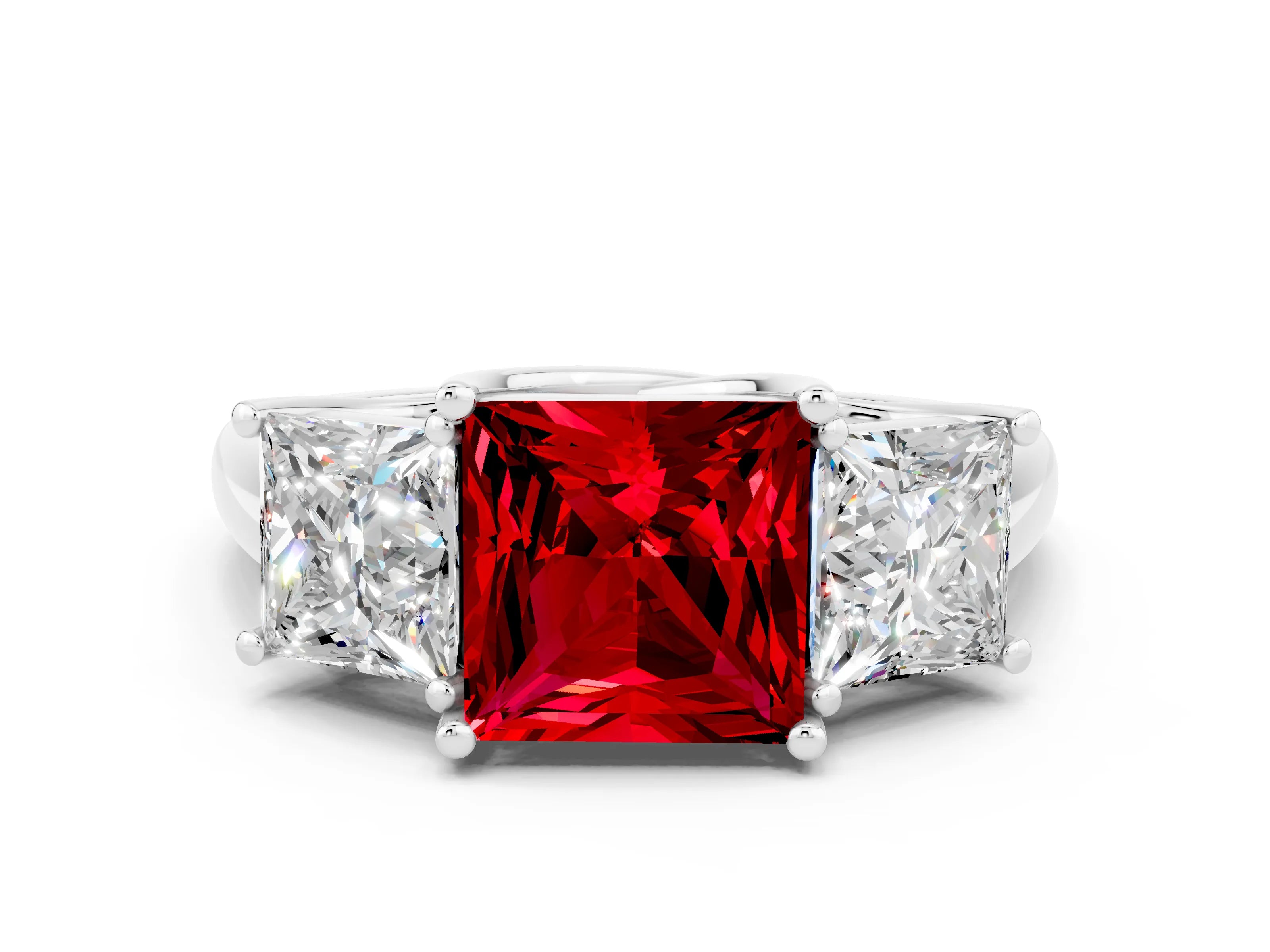 White gold Three-Stone Princess Cut Ruby Engagement Ring with Prong Setting