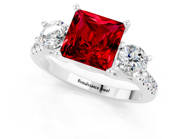 Silver Three-Stone Princess Cut Ruby Pavé Band with Four-Prong Setting