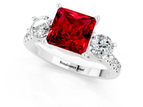 White gold Three-Stone Princess Cut Ruby Pavé Band with Four-Prong Setting_1