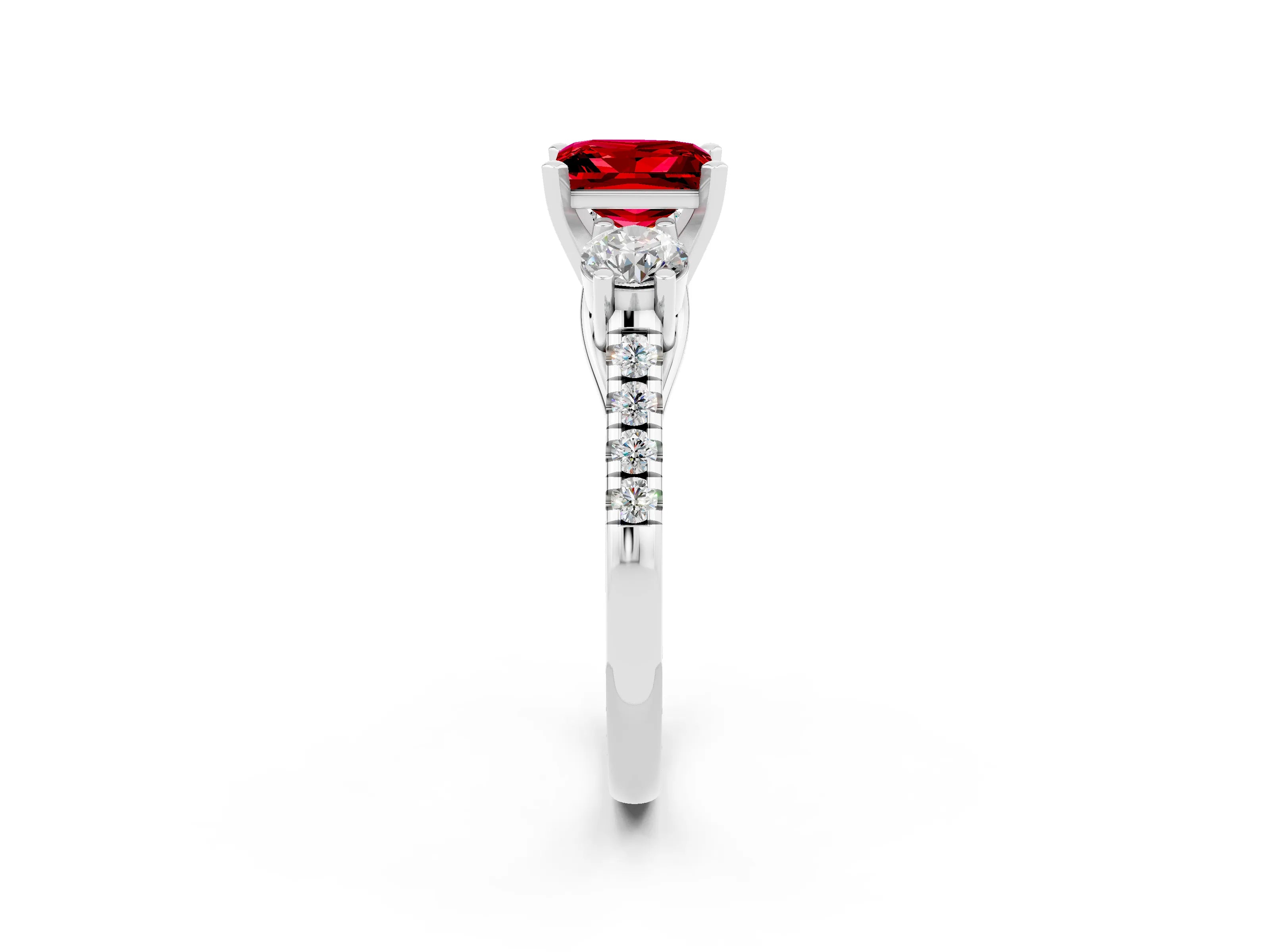 White gold Three-Stone Princess Cut Ruby Pavé Band with Four-Prong Setting_2