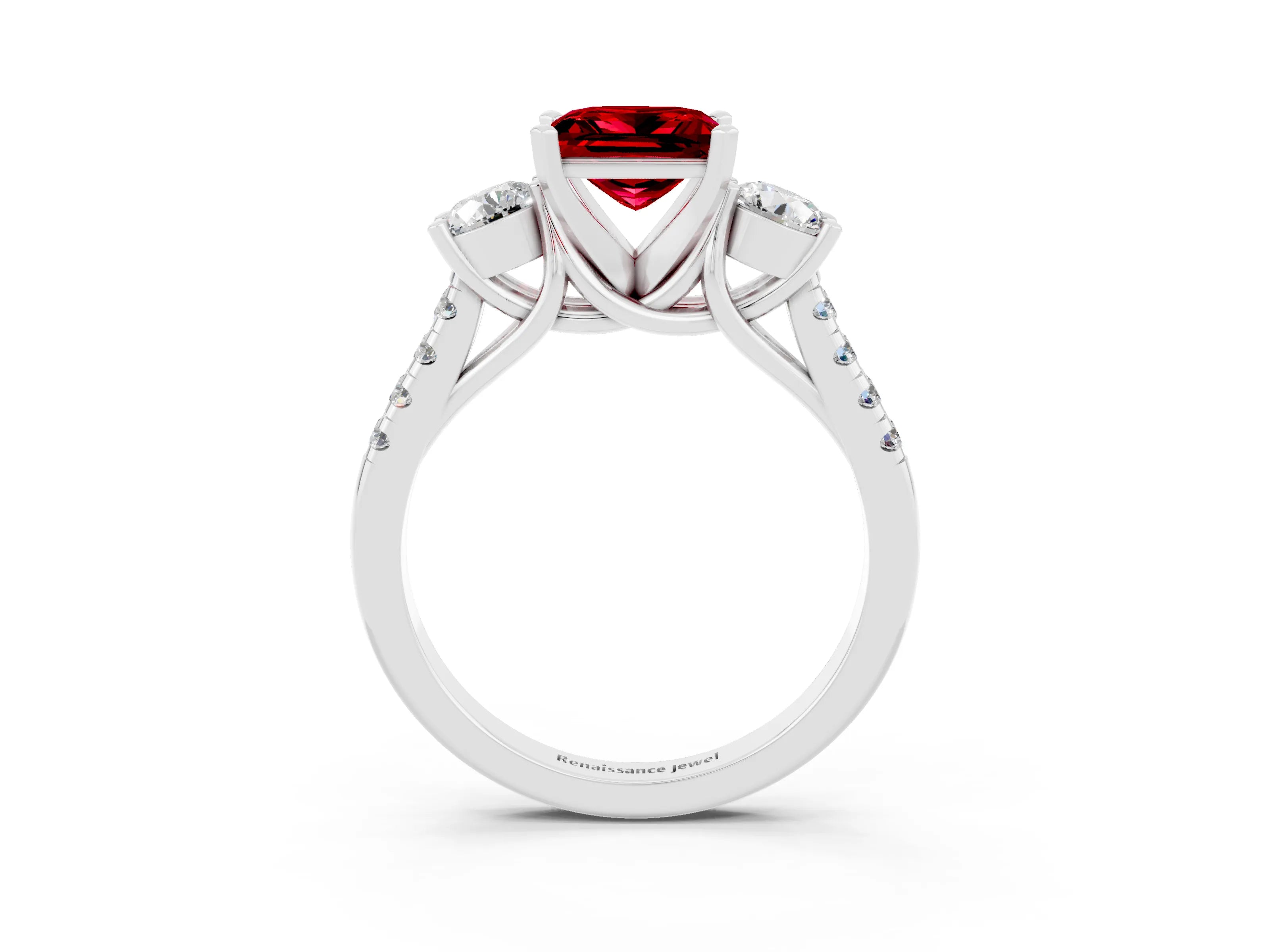 White gold Three-Stone Princess Cut Ruby Pavé Band with Four-Prong Setting_3