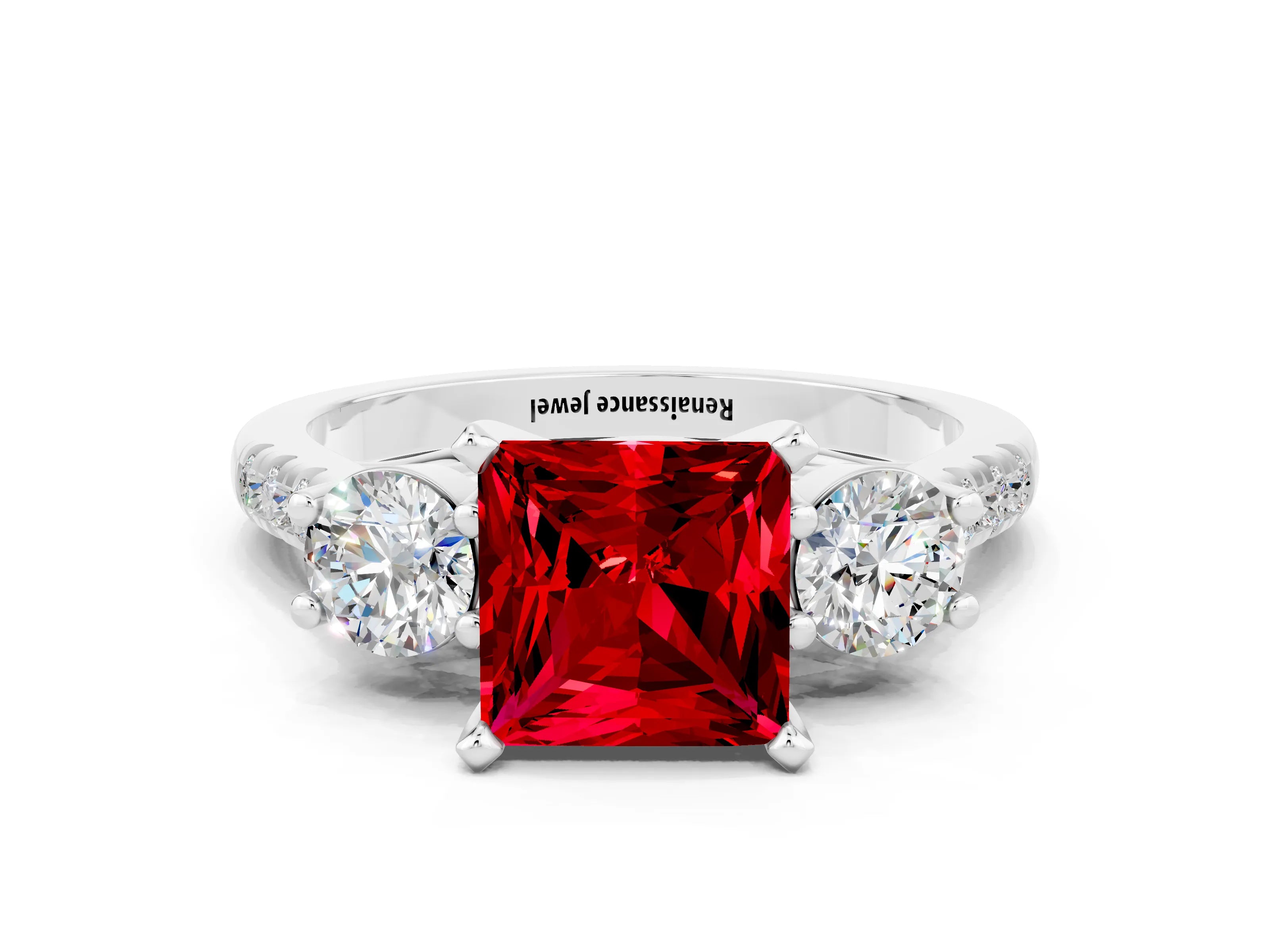 White gold Three-Stone Princess Cut Ruby Pavé Band with Four-Prong Setting