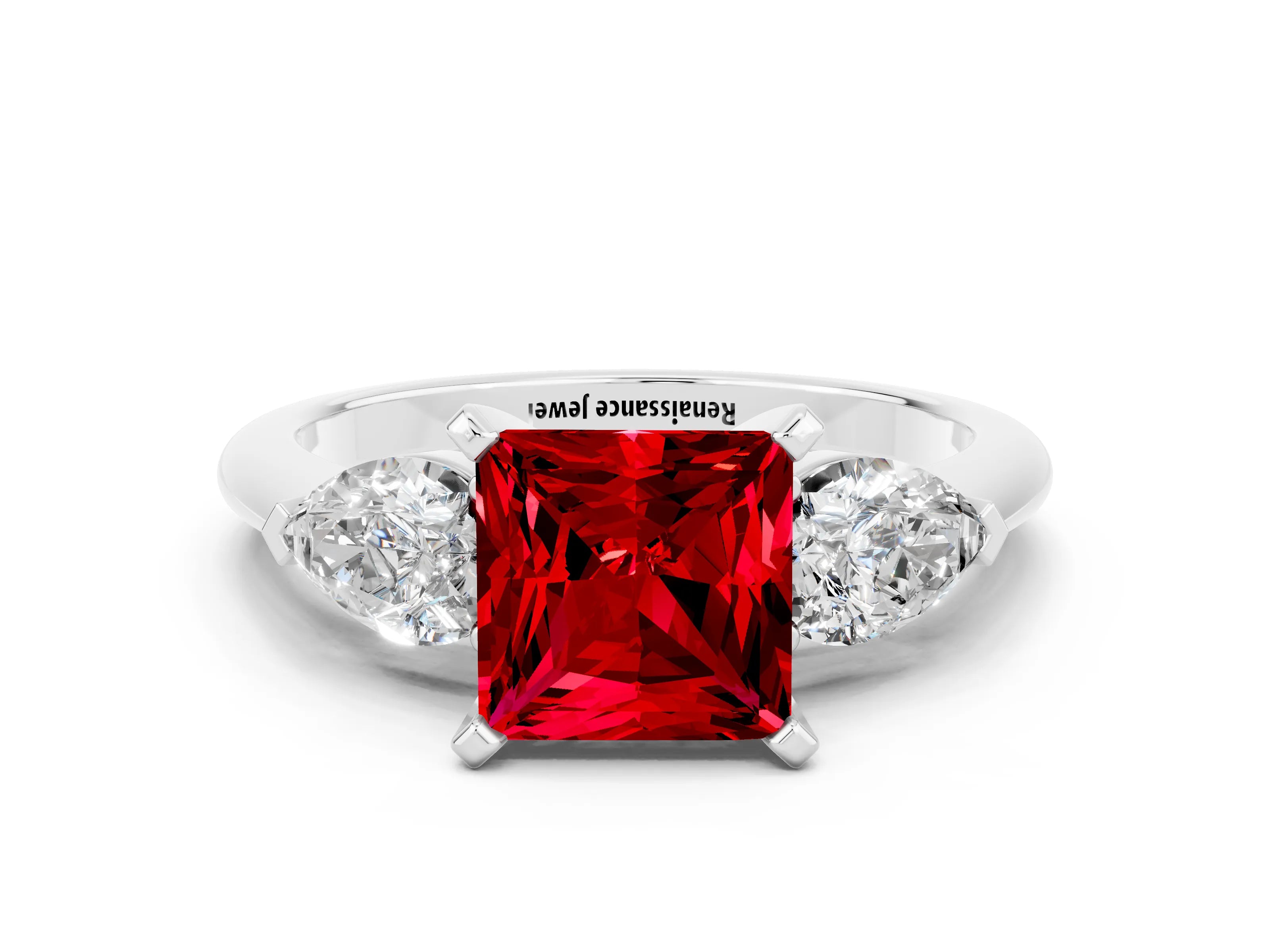 White gold Three-Stone Princess Cut Ruby Ring with Pear Side Stones and Four-Prong Setting
