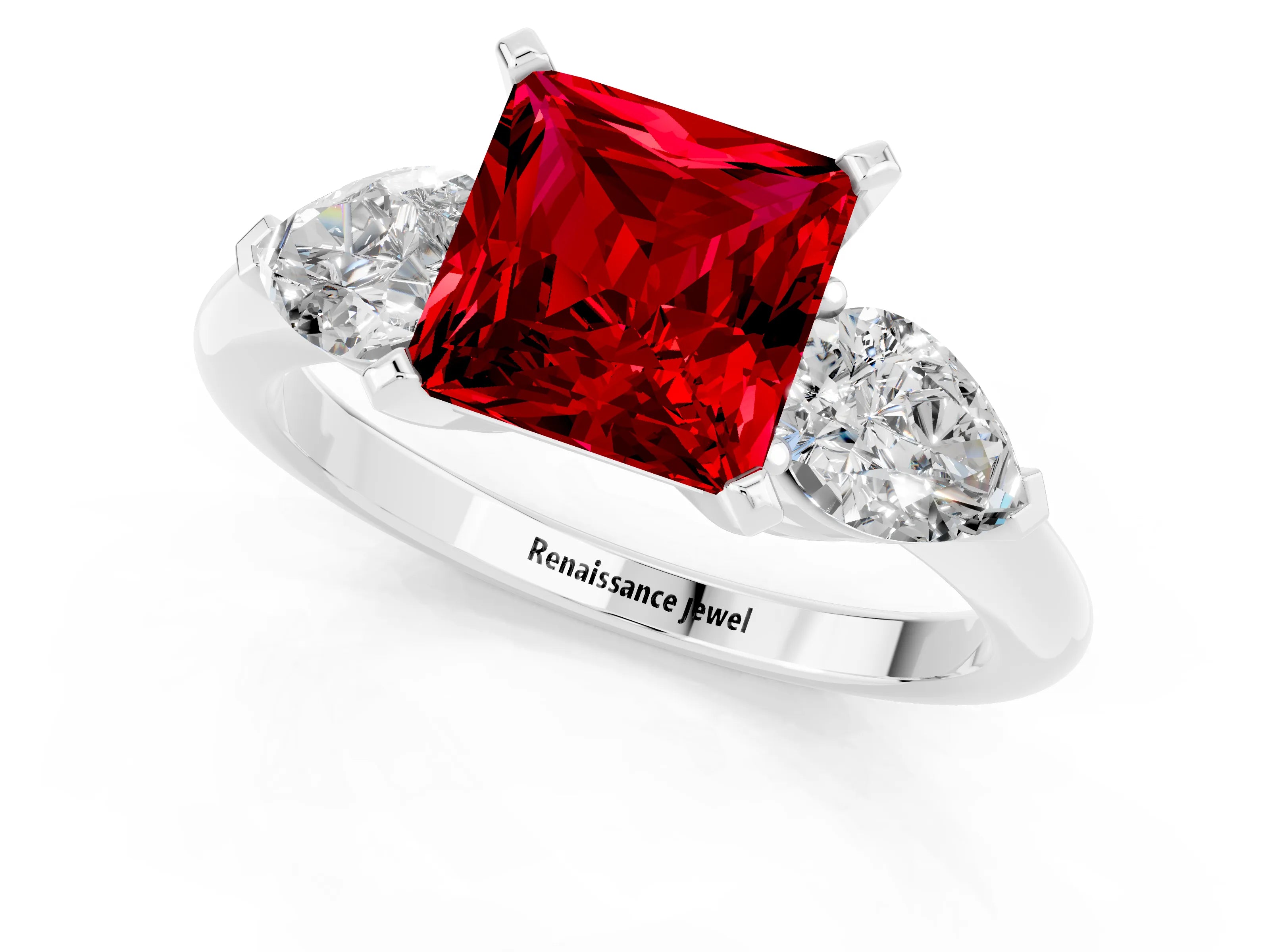 White gold Three-Stone Princess Cut Ruby Ring with Pear Side Stones and Four-Prong Setting_1
