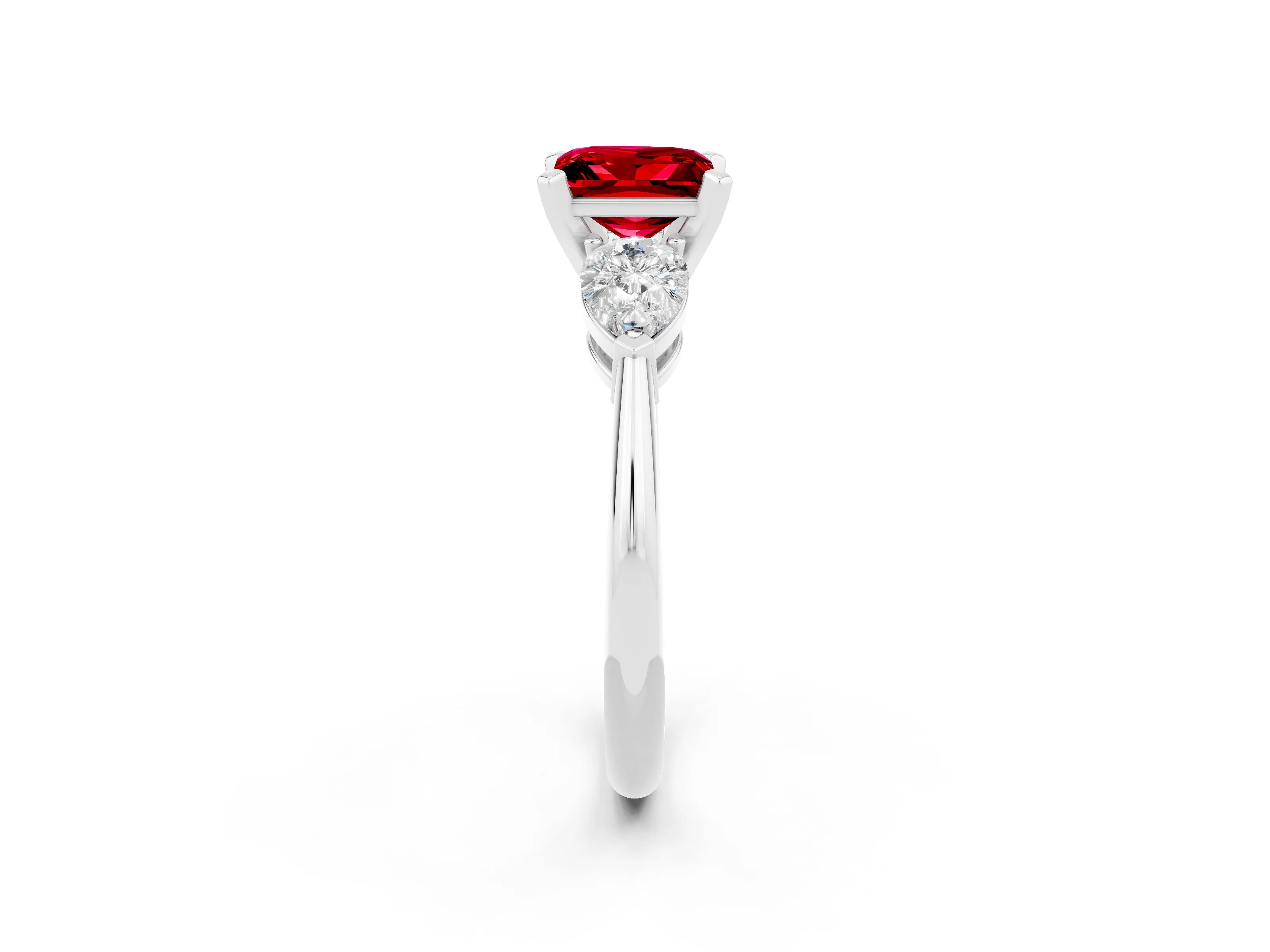 White gold Three-Stone Princess Cut Ruby Ring with Pear Side Stones and Four-Prong Setting_2