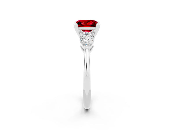 White gold Three-Stone Princess Cut Ruby Ring with Pear Side Stones and Four-Prong Setting