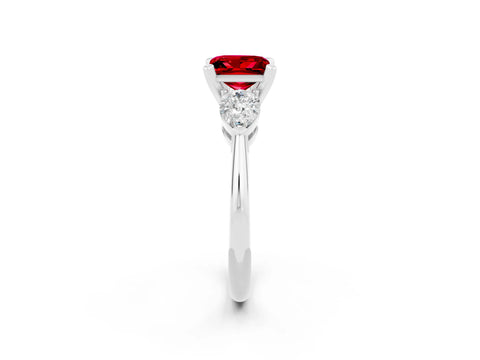 White gold Three-Stone Princess Cut Ruby Ring with Pear Side Stones and Four-Prong Setting_2