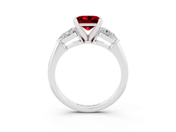 Platinum Three-Stone Princess Cut Ruby Ring with Pear Side Stones and Four-Prong Setting