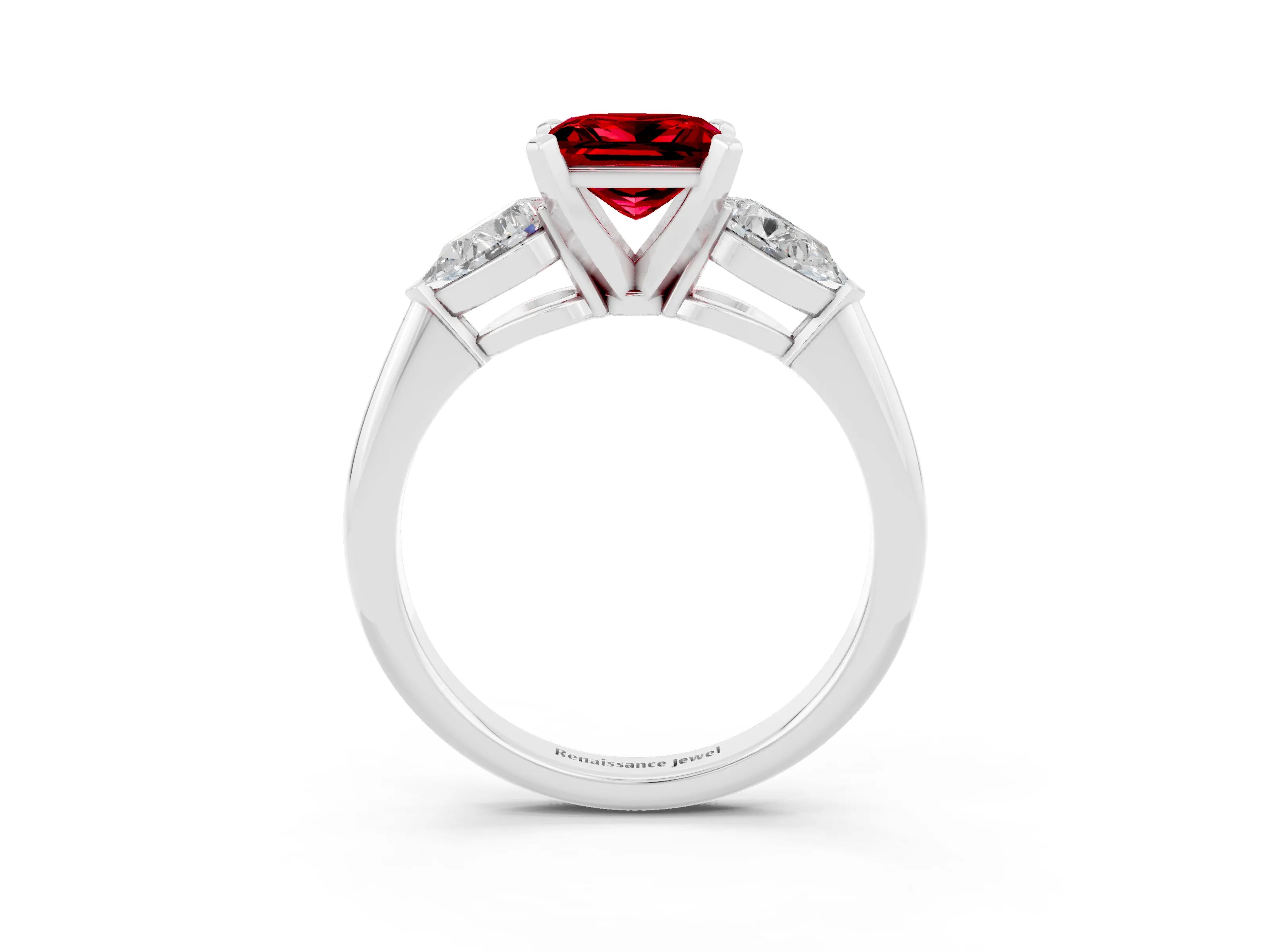 White gold Three-Stone Princess Cut Ruby Ring with Pear Side Stones and Four-Prong Setting_3