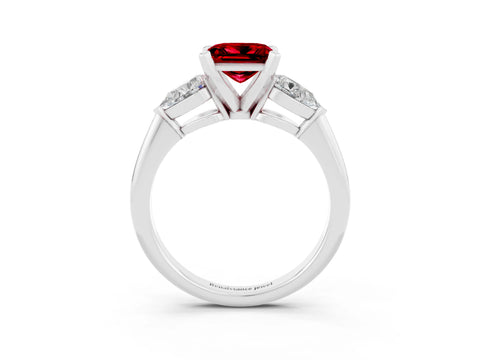 White gold Three-Stone Princess Cut Ruby Ring with Pear Side Stones and Four-Prong Setting_3