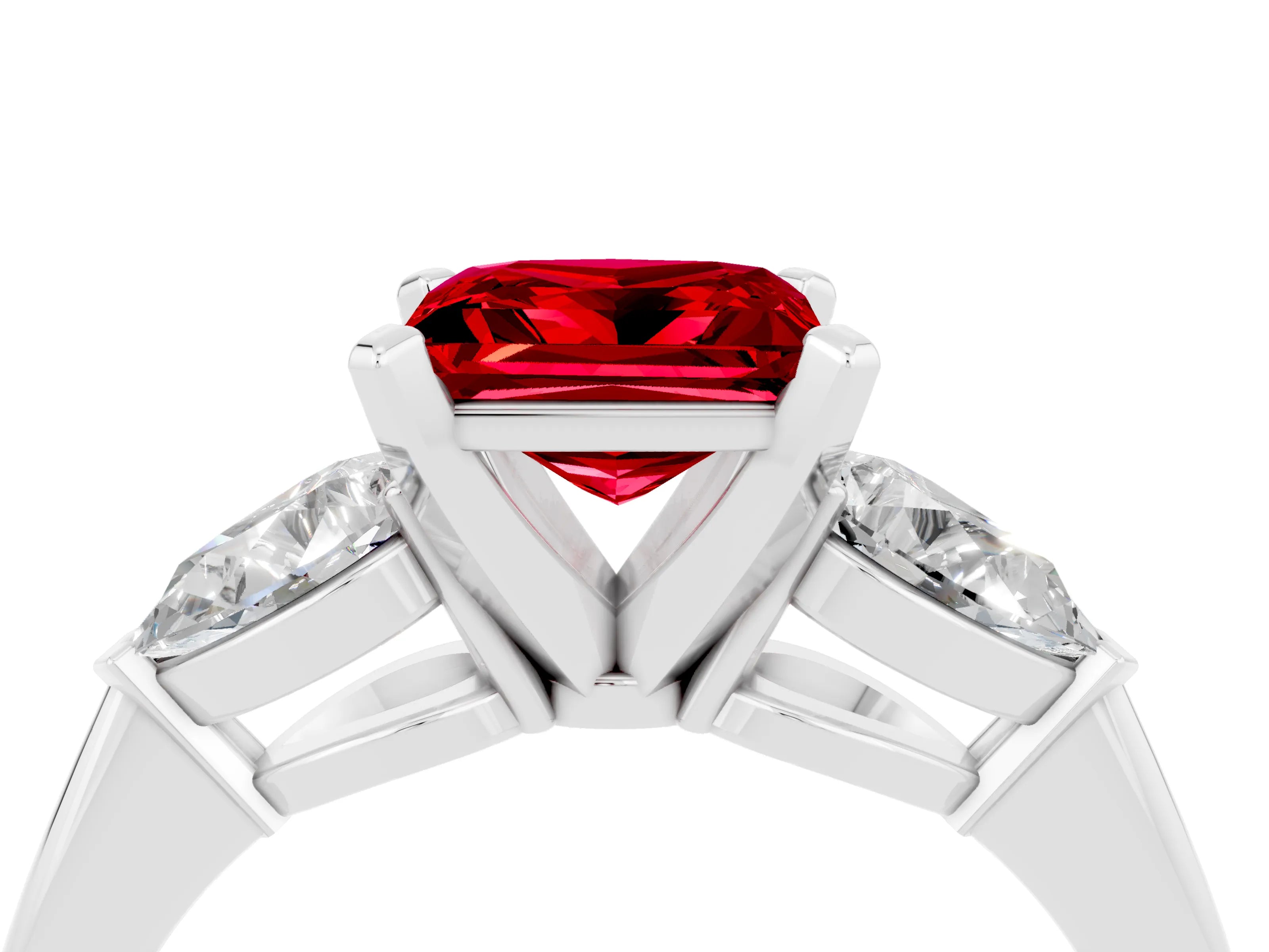 White gold Three-Stone Princess Cut Ruby Ring with Pear Side Stones and Four-Prong Setting_4
