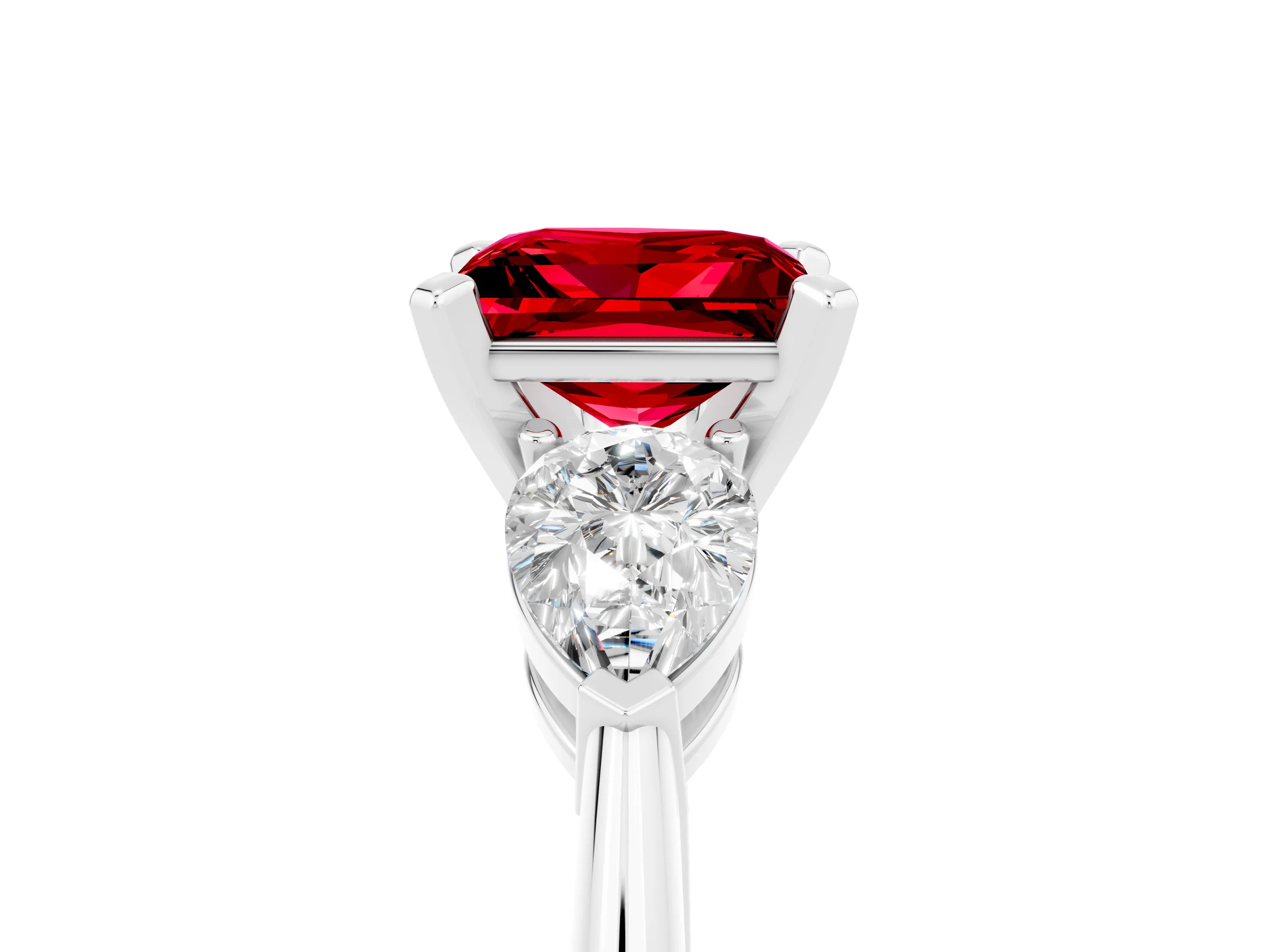 White gold Three-Stone Princess Cut Ruby Ring with Pear Side Stones and Four-Prong Setting_5