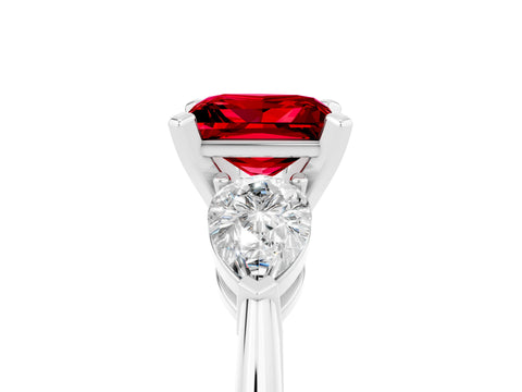 White gold Three-Stone Princess Cut Ruby Ring with Pear Side Stones and Four-Prong Setting_5