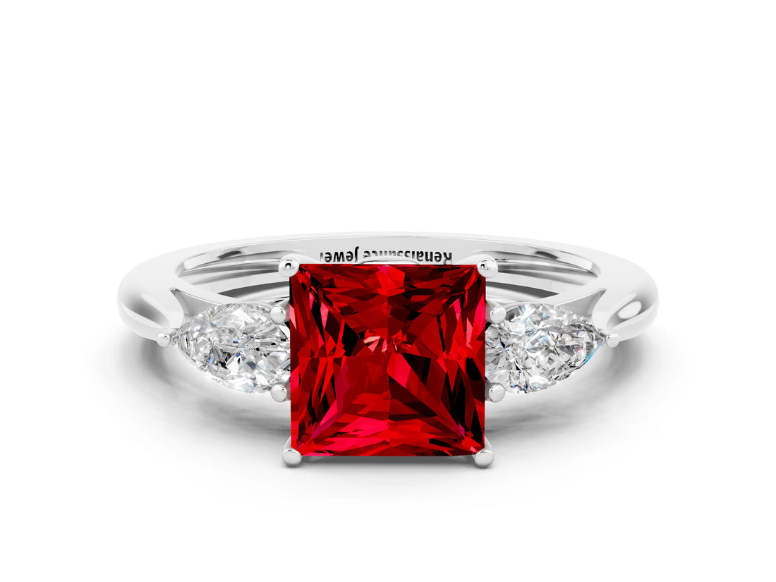 White gold Three-Stone Princess Cut Ruby Ring with Pear  Side Stones in Four-Prong Setting_12