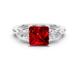 White gold Three-Stone Princess Cut Ruby Ring with Pear  Side Stones in Four-Prong Setting_12