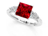 White gold Three-Stone Princess Cut Ruby Ring with Pear  Side Stones in Four-Prong Setting_13