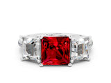 White gold Three-Stone Princess Cut Ruby Ring with Round  Pavé Band and Prong Setting_12