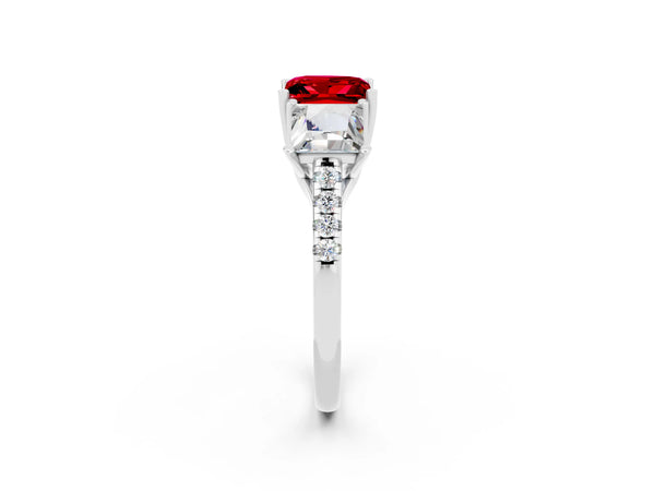 Silver Three-Stone Princess Cut Ruby Ring with Round  Pavé Band and Prong Setting