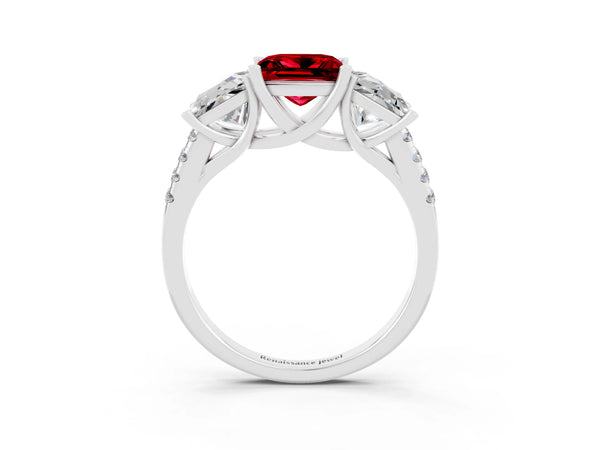Platinum Three-Stone Princess Cut Ruby Ring with Round  Pavé Band and Prong Setting