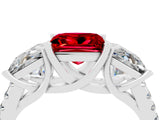 White gold Three-Stone Princess Cut Ruby Ring with Round  Pavé Band and Prong Setting_16