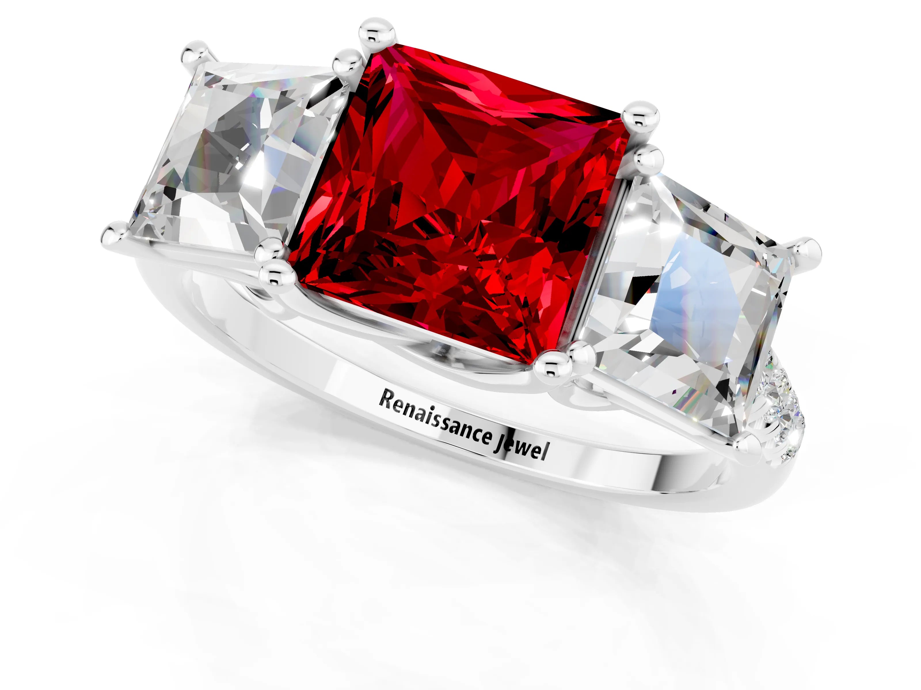 White gold Three-Stone Princess Cut Ruby Ring with Round  Pavé Band and Prong Setting_37