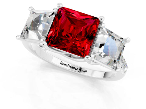 White gold Three-Stone Princess Cut Ruby Ring with Round  Pavé Band and Prong Setting_37
