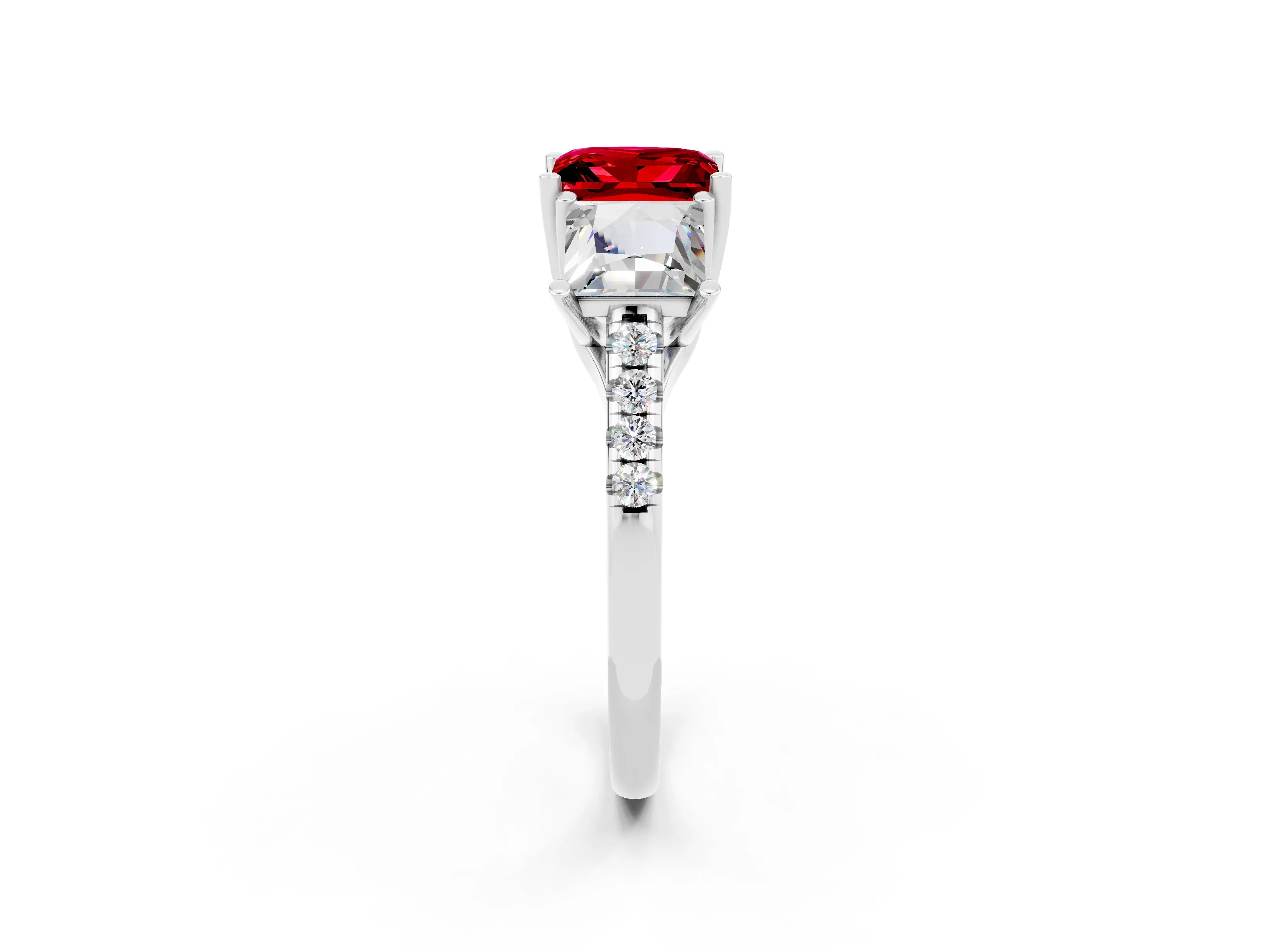 White gold Three-Stone Princess Cut Ruby Ring with Round  Pavé Band and Prong Setting_38