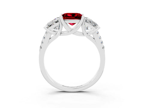 White gold Three-Stone Princess Cut Ruby Ring with Round  Pavé Band and Prong Setting_39