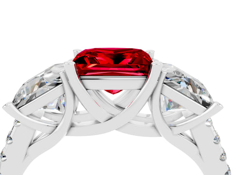 White gold Three-Stone Princess Cut Ruby Ring with Round  Pavé Band and Prong Setting_40
