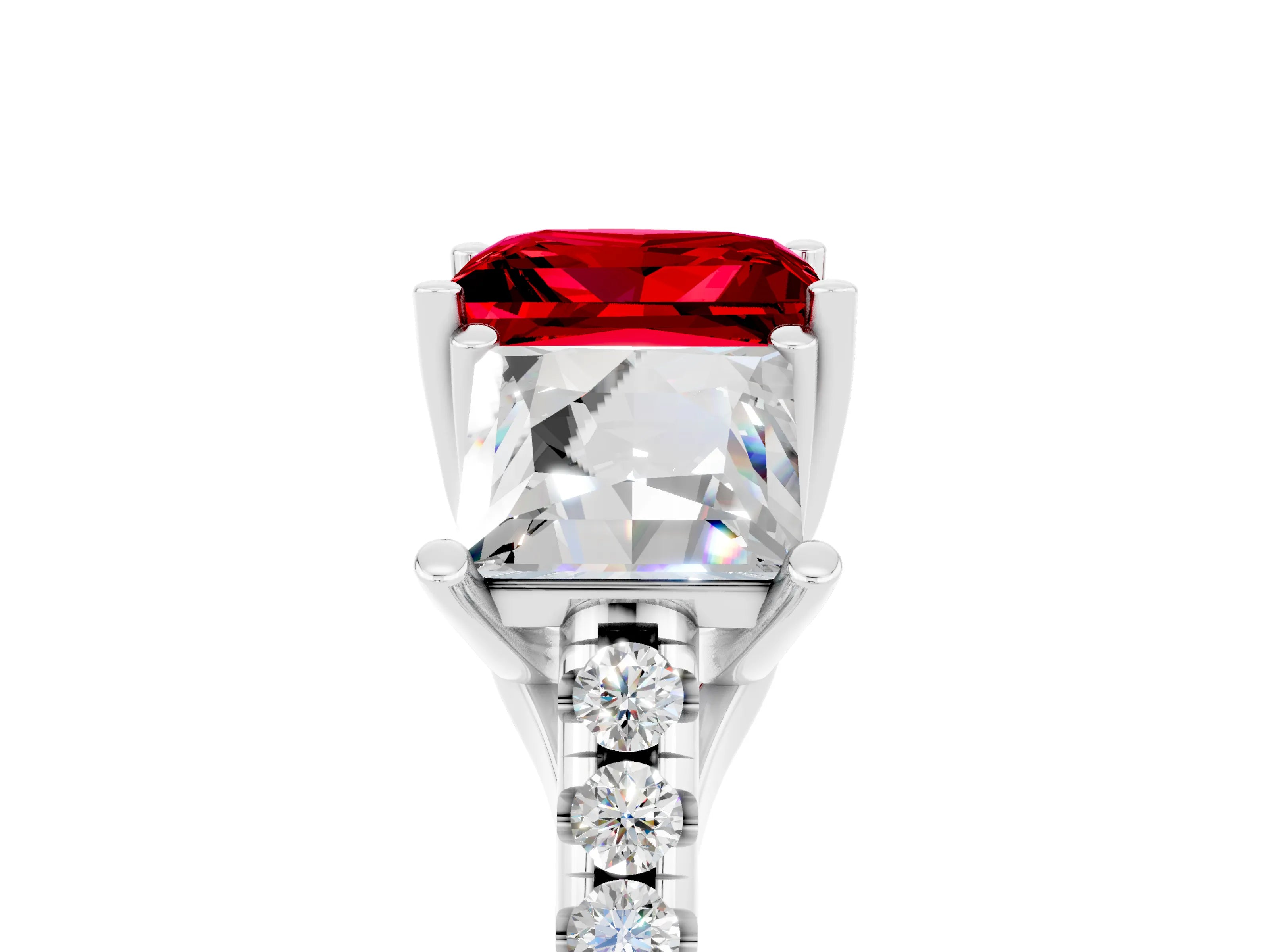 White gold Three-Stone Princess Cut Ruby Ring with Round  Pavé Band and Prong Setting_41