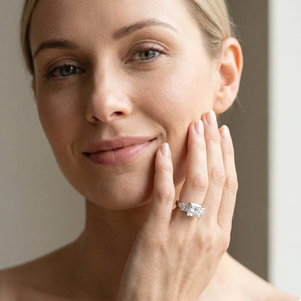 White gold Three-Stone Princess Cut Solitaire Ring with Prong Setting