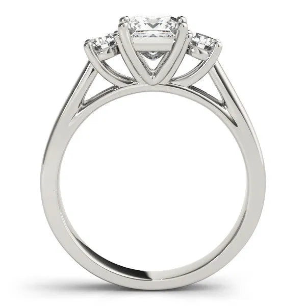 White gold Three-Stone Princess Cut Solitaire Ring with Round Side Stones and Four-Prong Setting