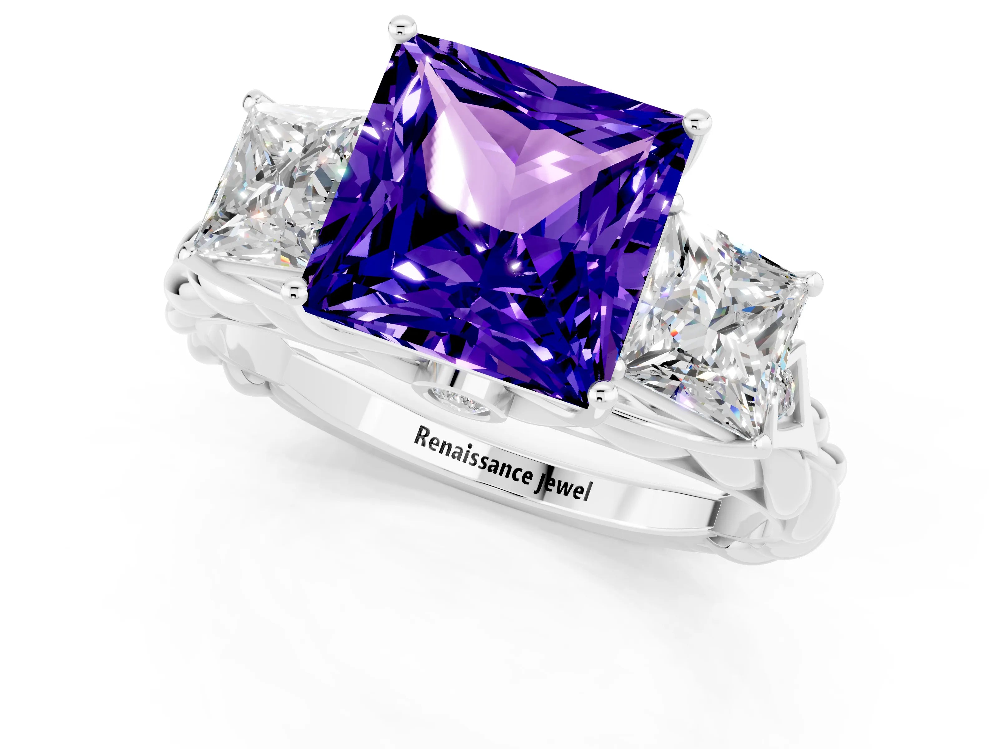 White gold Three-Stone Princess Cut Tanzanite Braided Band Ring with Four-Prong Setting_13