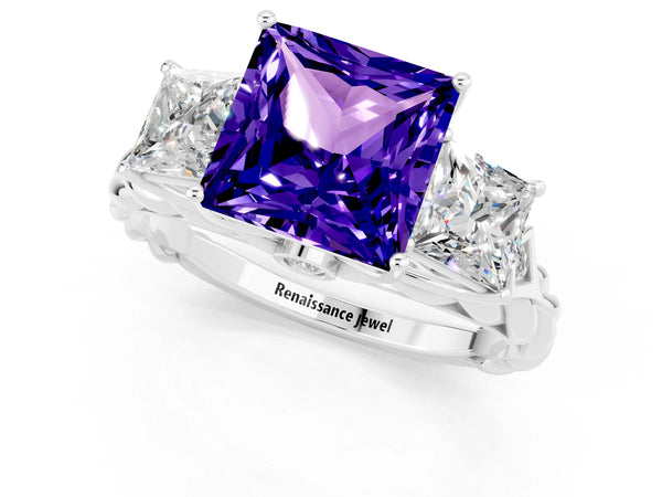 White gold Three-Stone Princess Cut Tanzanite Braided Band Ring with Four-Prong Setting