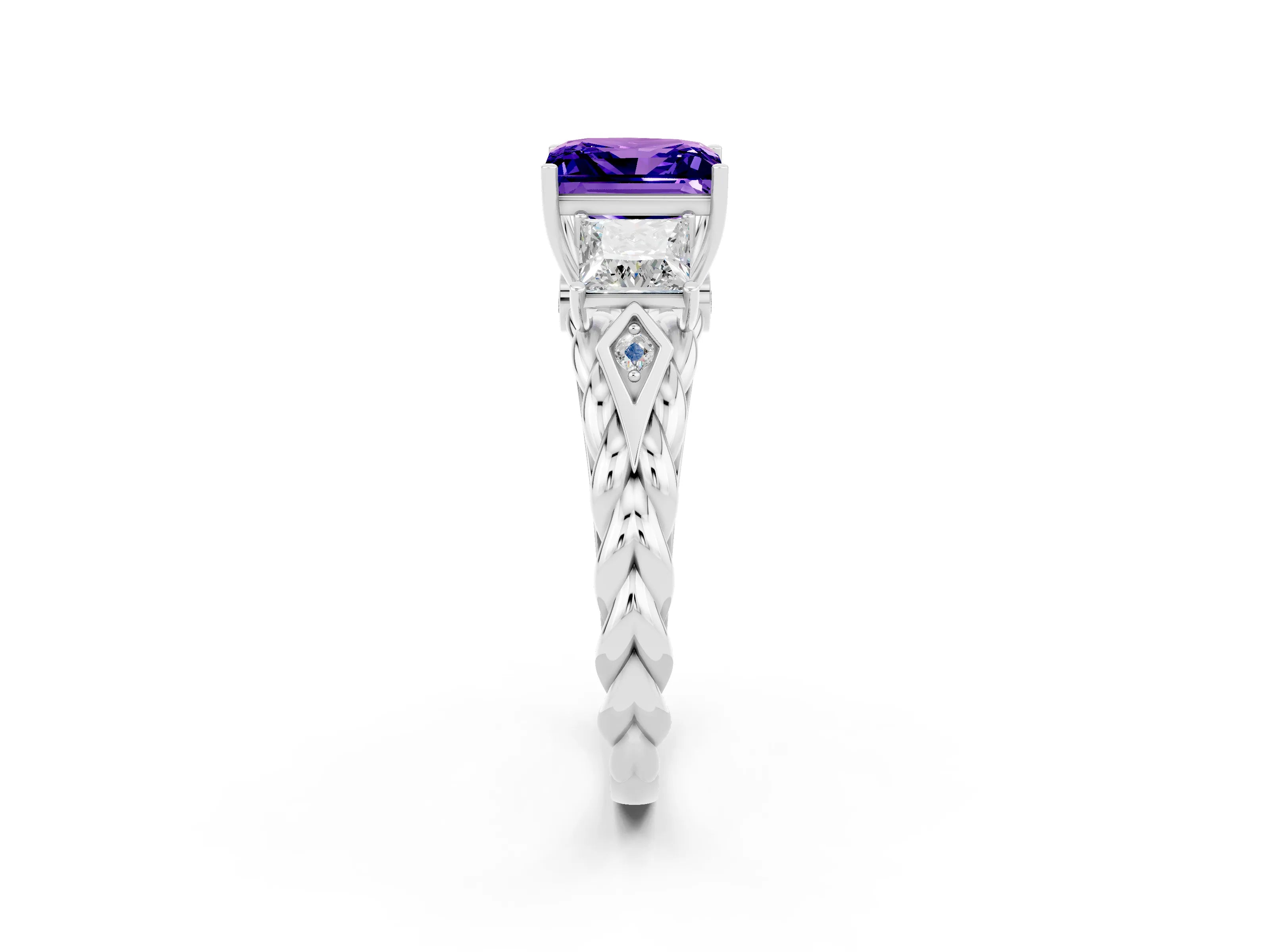 White gold Three-Stone Princess Cut Tanzanite Braided Band Ring with Four-Prong Setting_14