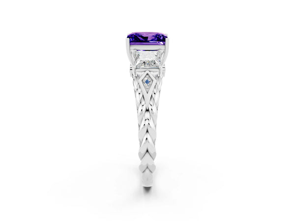 Platinum Three-Stone Princess Cut Tanzanite Braided Band Ring with Four-Prong Setting