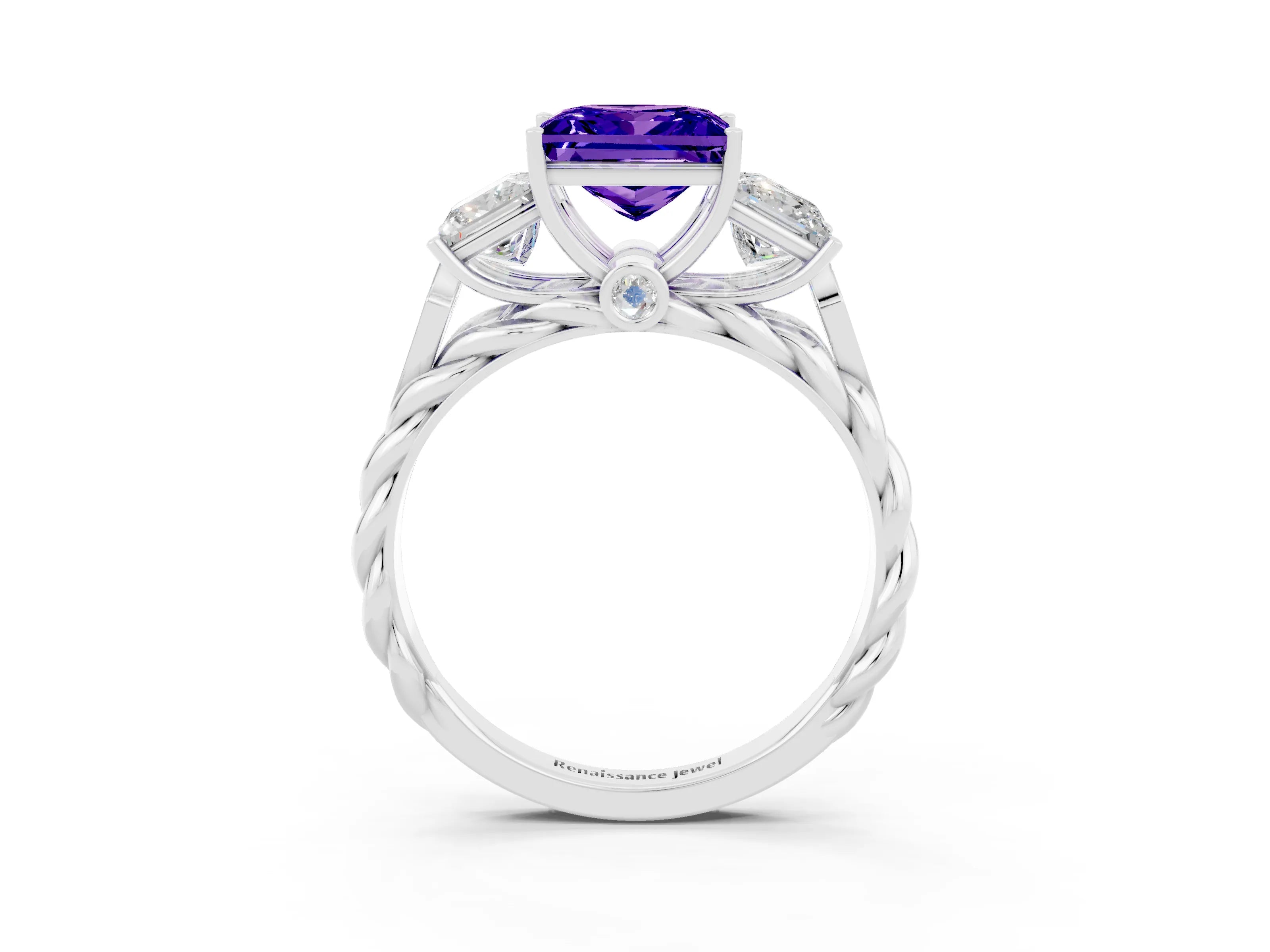 White gold Three-Stone Princess Cut Tanzanite Braided Band Ring with Four-Prong Setting_15